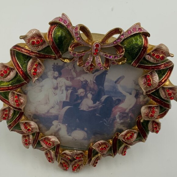NEW Heart Shape Enameled Gold Toned Picture Frame Red Rhinestones & Green Leaves - Picture 6 of 6